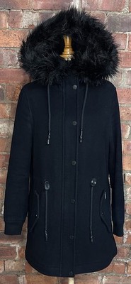 Superdry Premium - Damen Parka schwarz Wollmischung Fellbesatz Kapuze - Größe 10