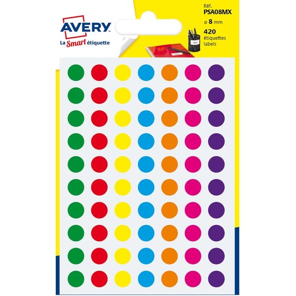 Etichette Adesive Rotonde in Bustina Avery - 8 mm - PSA08MX (Assortiti Conf. 6)