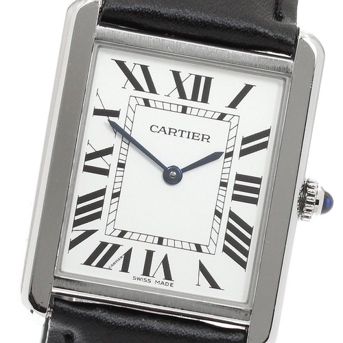 Cartier Tank Solo LM WSTA0028 SS Leather Quartz Mens Watch Silver Dial A0608