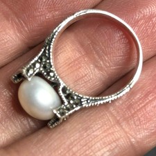 7646 Sterling Silver 925 CZ genuine Pearl  marcasite Sz 6 Ring 4.7g stones
