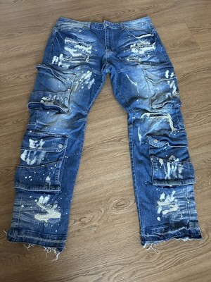FIRST ROW Utility Cargo Repair Denim Pants Blue Sz 36