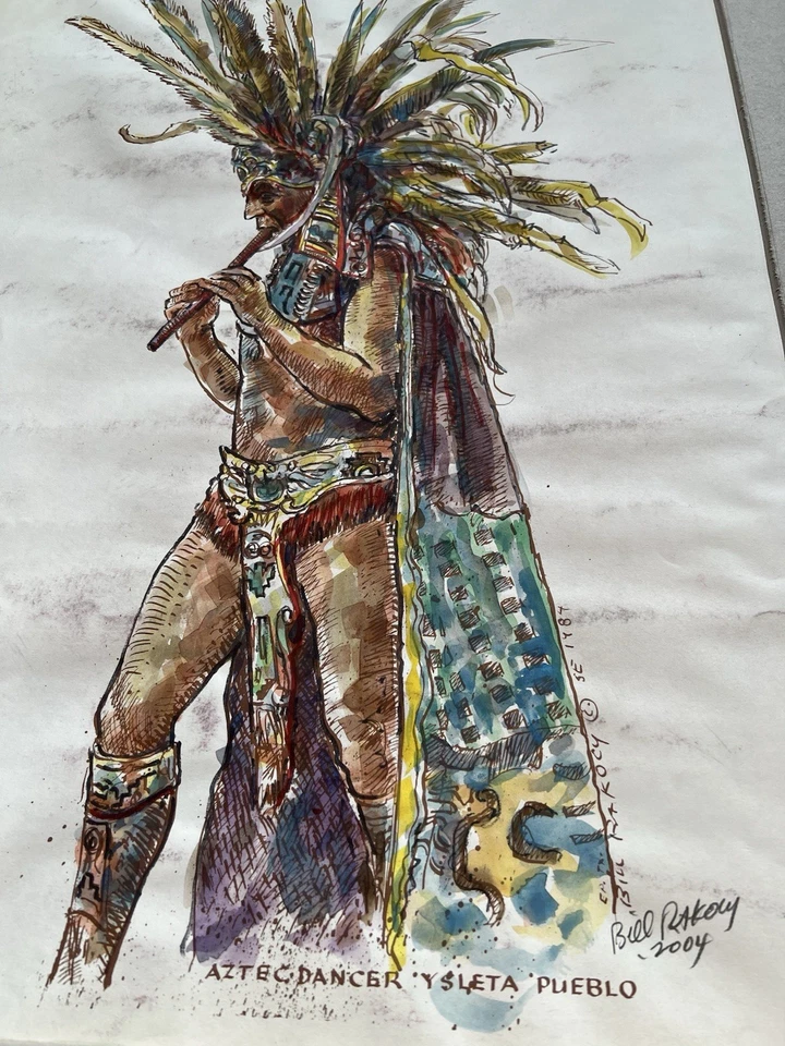 Pintura Acuarela Vintage “Bailarina Azteca Ysleta Pueblo” por Bill Rakocy Foto 2 de 4