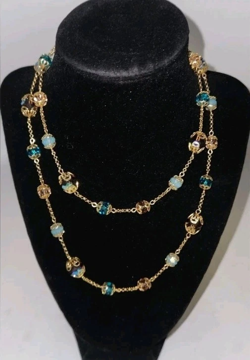 Collar Sautoir Chapado en Oro Vintage Biseled Multicolor Brillante Detalles Vidrio