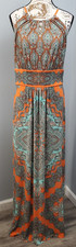 London Style Maxi Dress Womens 12 Multi Patterned Sleeveless Pleated Halter Neck