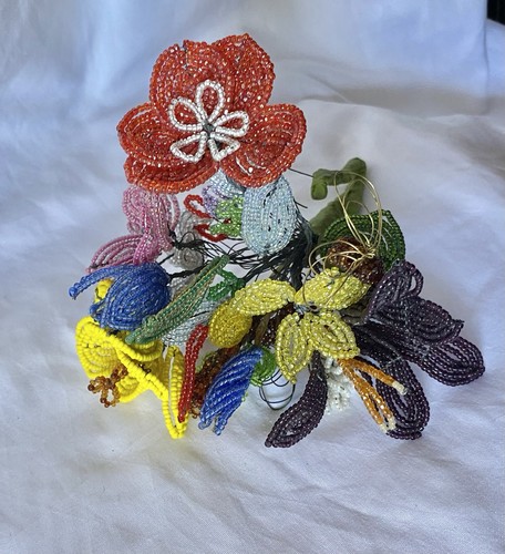 Vintage Colorful Glass Beaded Bee On Flower Bouquet Used