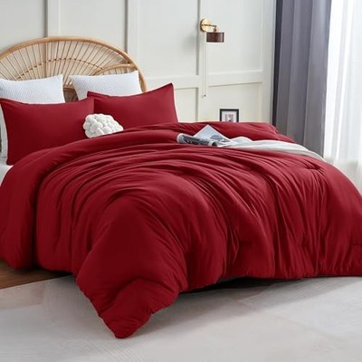  Size Comforter Set 3 Pieces Solid Breathable Quilted Style Full Dark Red