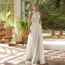 Summer Boho Wedding Dress Lace Bride Dress Halter Neck WeddingGowns Side Split