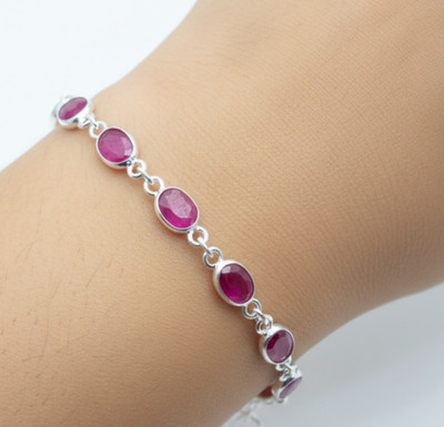 Simulated Ruby Gemstone 925 Sterling Silver Bracelet, Boho Link Chain Jewelry