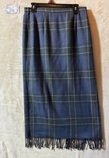 Vintage Requirements WOOL Blend FRINGE Blue Plaid Pencil Skirt WOMEN 10