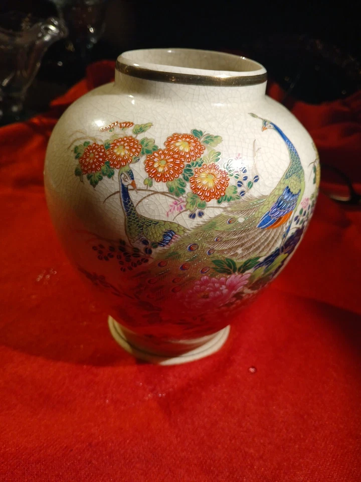 "Florero japonés de porcelana de 5"" Sato Gordon pavo real jengibre tarro vintage dorado cerámica" Foto 2 de 4