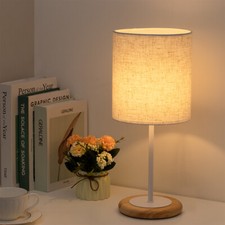 Bedside Table Lamp Nightstand Lamp with Wooden Base Round Fabric Shade