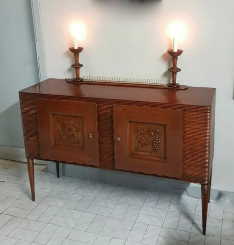 Meuble Buffet En Bois Laqué Et Laiton – Années 1950, Design XXème, Couleur Bordeaux, 130x50x100 Cm