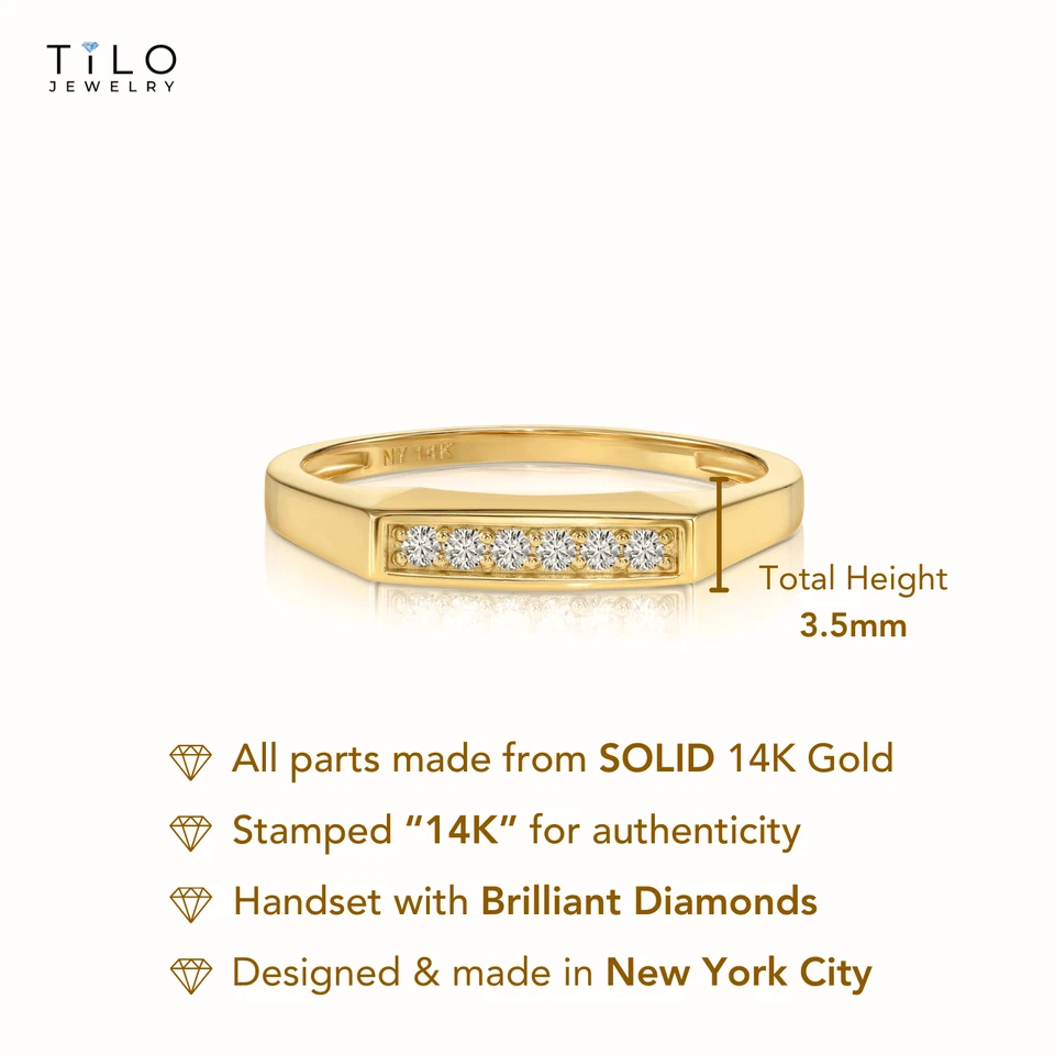 14K Real Solid Yellow Gold Diamond Pave Signet Minimalist Band Ring Lab Grown - Image 2 of 4