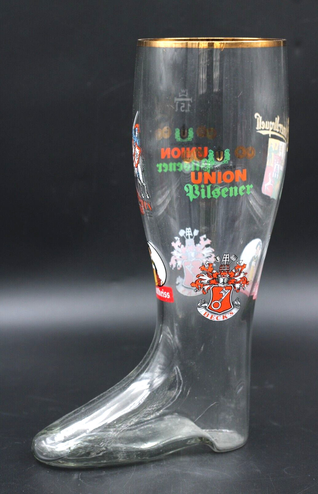 1,5 Liter großer Bierstiefel aus Glas Pilsner Urquell Union Vintage H 31,5 cm