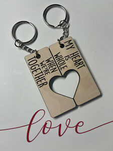 Wedding Valentine's Day Anniversary Gift Wood Couples Key Chain Key & Heart 