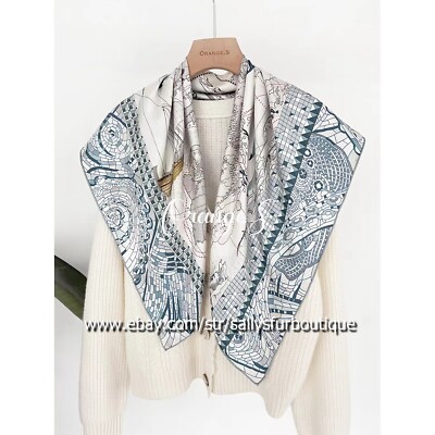 Pure Twill Silk 18 Momme Wrap Scarf Map Boat Print Double Face Square Shawl 35''