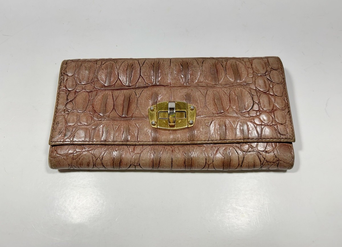 miu miu Tri Fold Brown Croco Leather Gold Turn Lock Long Wallet