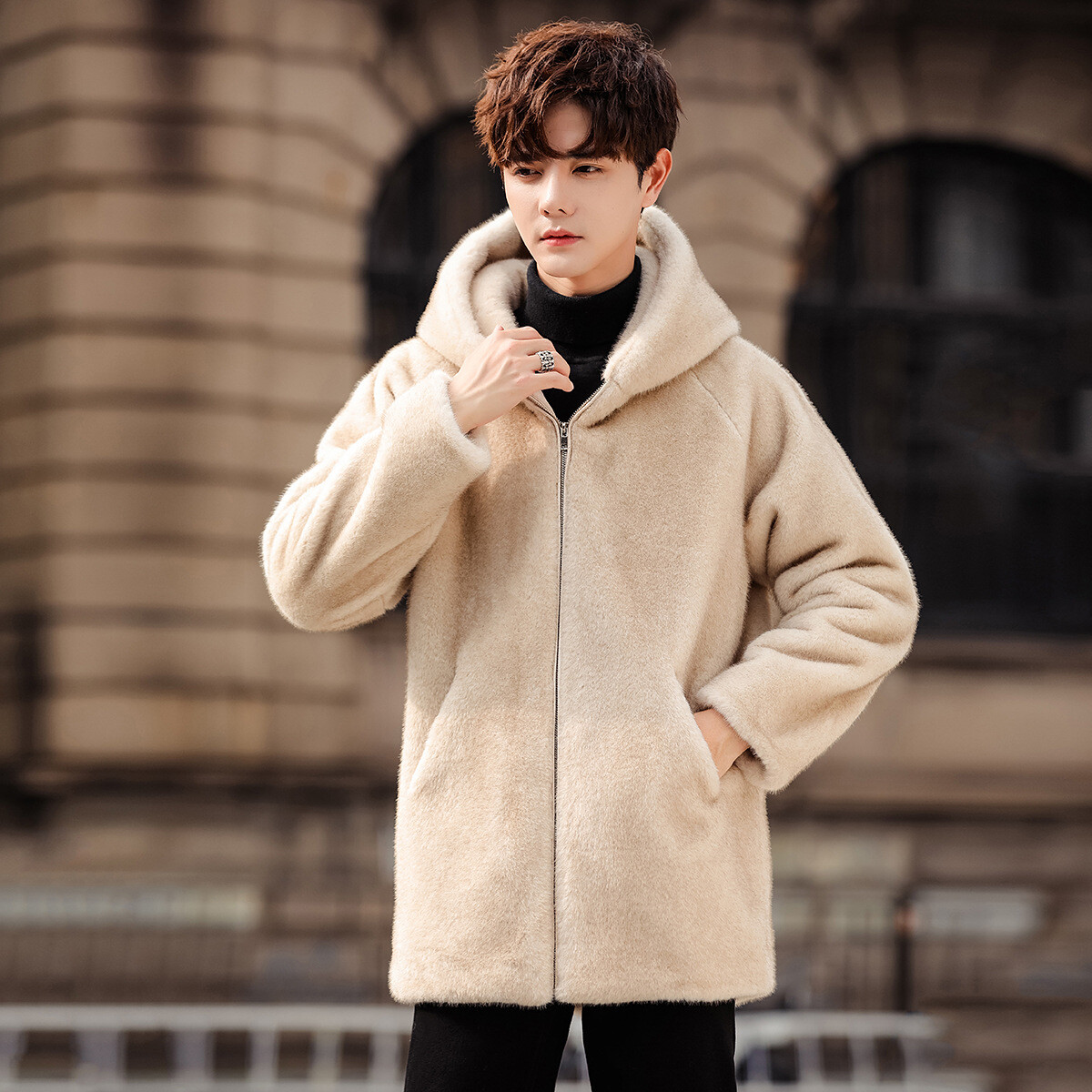 Men Fur Mink Plus Velvet Thickened Jacket Coat Casual Warm Hooded