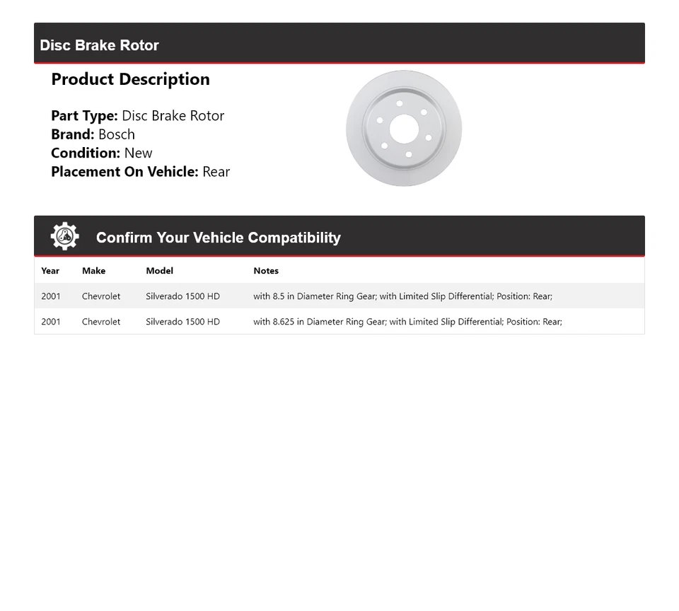 Rotor de freno de disco trasero Bosch QuietCast 2001 Chevrolet Silverado 1500 HD Foto 2 de 4