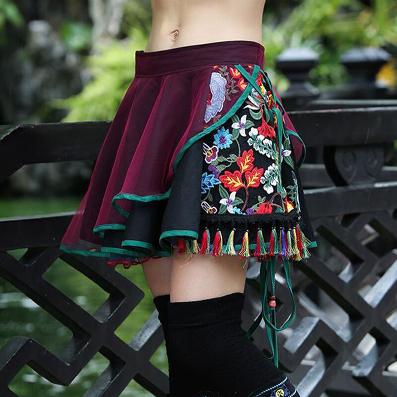 Women Short Bubble Skirt Mesh Floral Embroidery Tassel