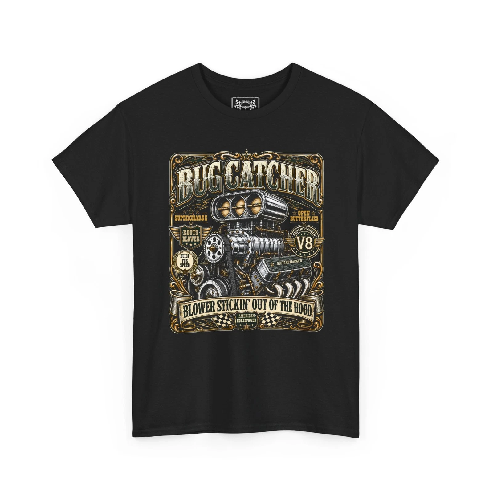 V8 Bug Catcher Vintage T-Shirt Small Block Supercharged Tee Race Car Fans Gift