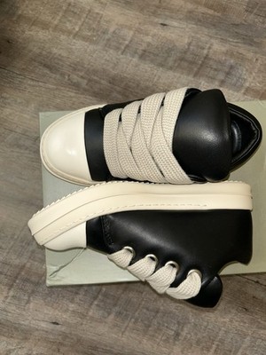Rick Owens Men's Black & White Leather Low Top Lace-Up Athletic Sneakers