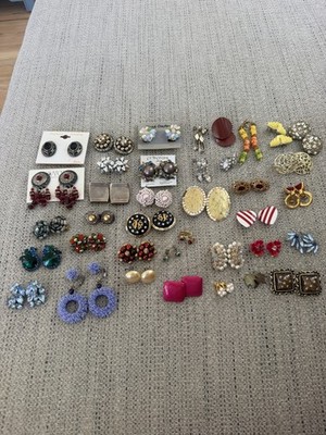 Huge Vintage Earrings Rhinestone Statement Colorful Some Signed Lot 38 Pairs