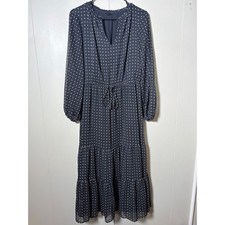 Ann Taylor Factory Polka Dot Midi Dress Navy Blue V-Neck Tiered Drawstring M
