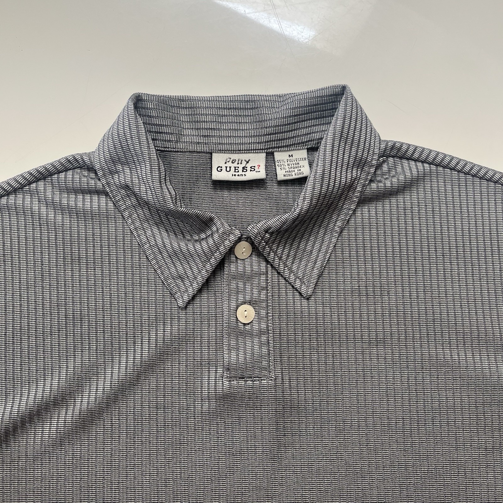 Vintage Guess Polo Shirt Mens Medium Silver Polyester Shimmer shiny