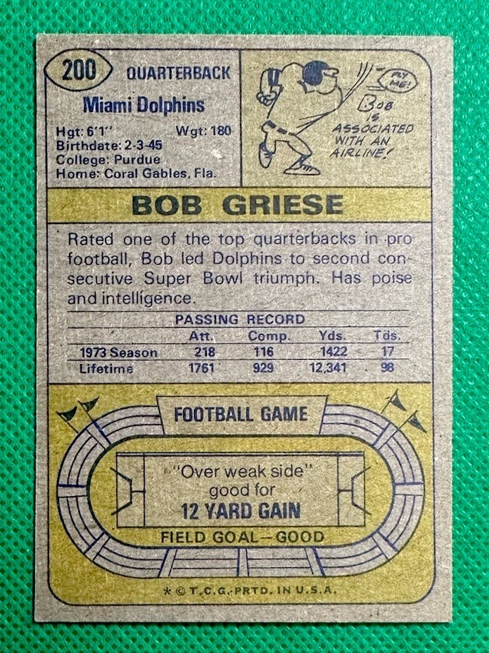 1974 Topps Bob Griese Miami Dolphins #200 HOF EX - Image 2 of 3
