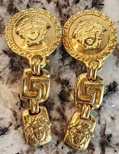 Authentic Vintage GIANNI VERSACE Medusa Gold Tone Drop Clip Earrings