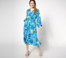Isaac Mizrahi Live! Women's Plus Sz Dress 18 Printed Crepe Midi Blue A645001