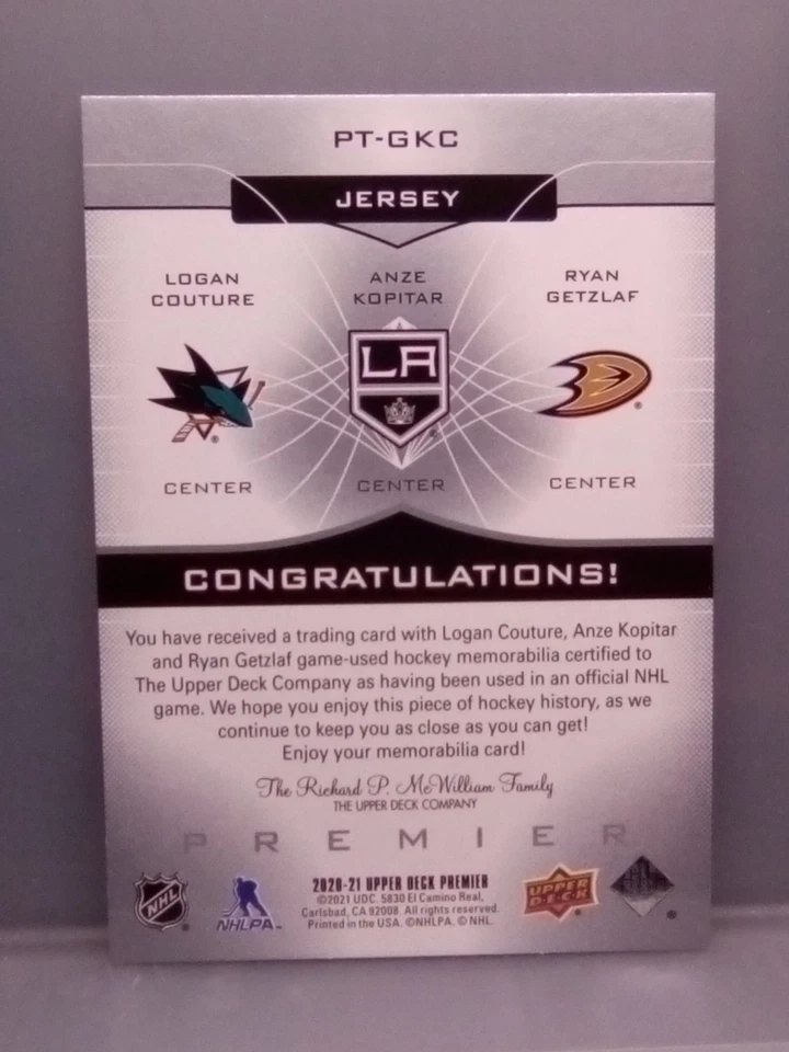 2020-21Premier Triple Jersey /49 Logan Couture Anze Kopitar Ryan Getzlaf #PT-GKC - Image 4 of 4