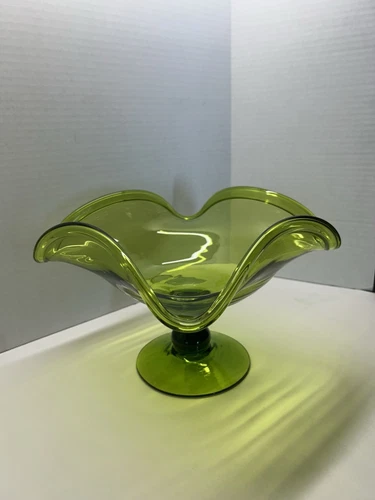 Vintage Blenko Olive Green Pedestal Bowl Glass