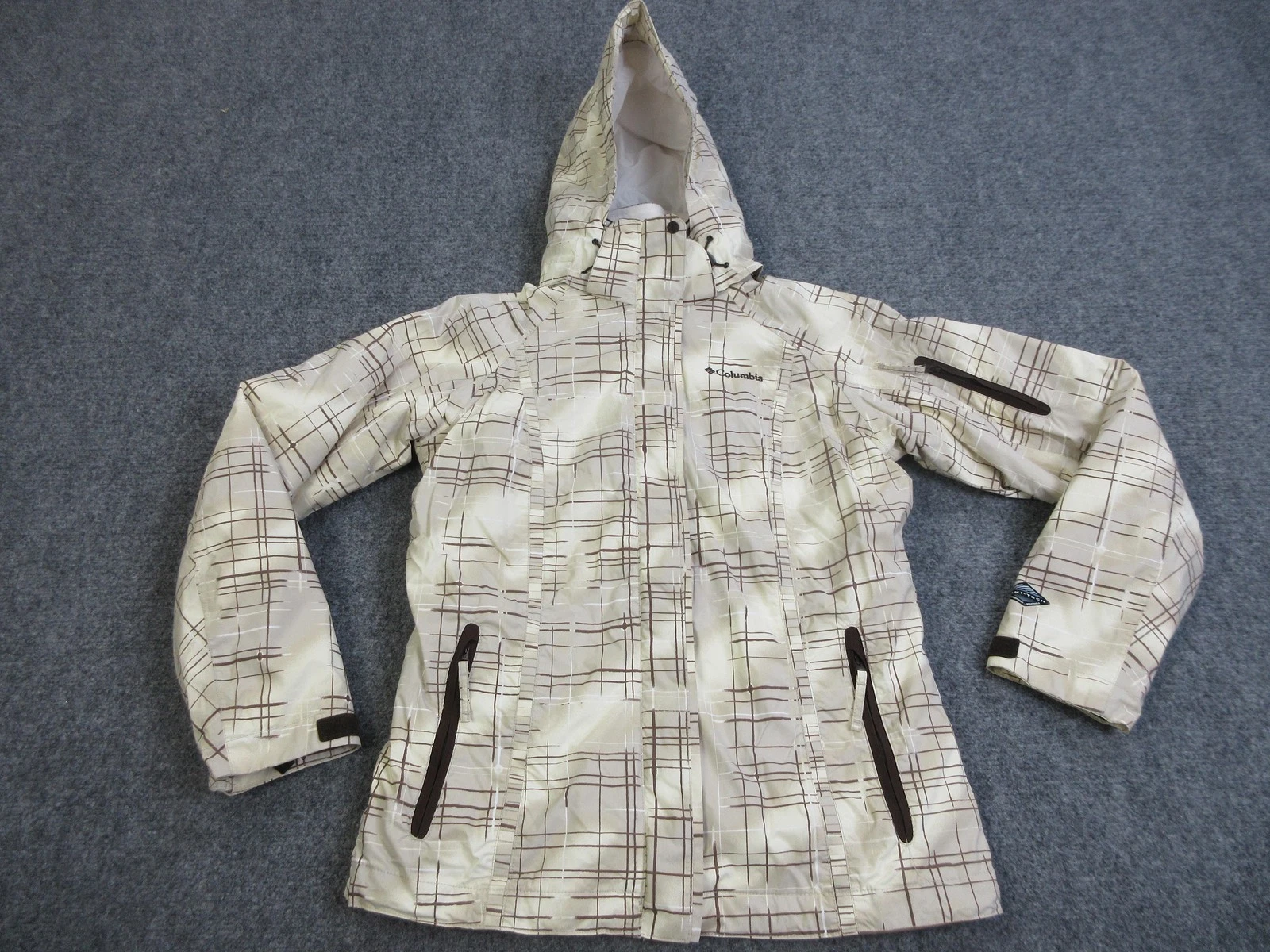Columbia Omni-Tech Interchange Jacket Womens Small Beige Plaid Hooded 3-in-1 Ski