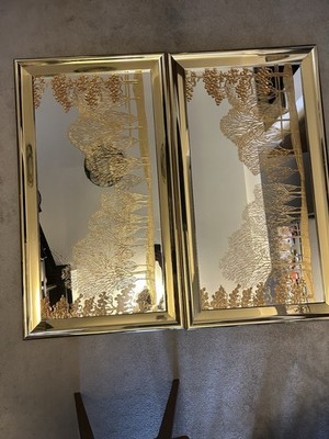 SET Mid 20th Century Huge Asian Inspired Etched Gold Wall Mirrors(4f/2f)