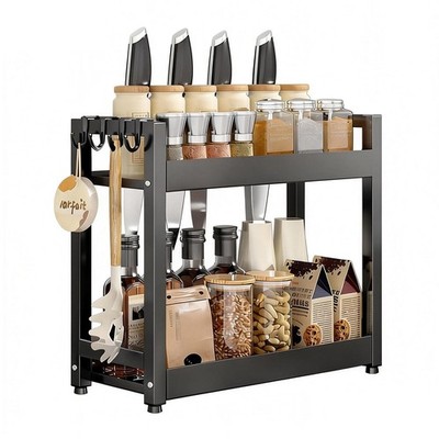 2-Tier Black Kitchen Organizer Shelf, Heavy Duty Carbon Steel Countertop Spic...
