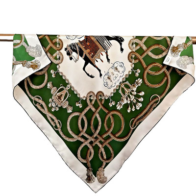 35''x35''Green Horse Harness Print Pure Mulberry Twill Silk14momme Scarf88x88cm620