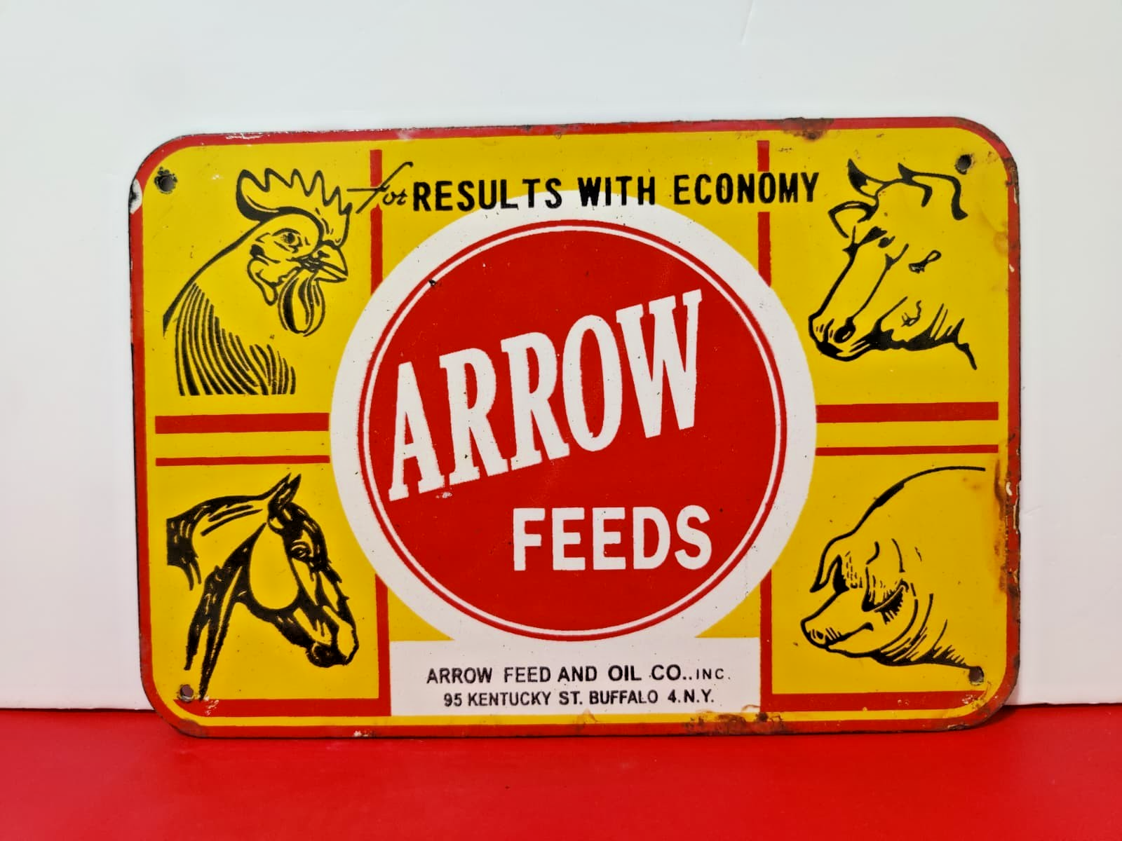 Vintage ARROW FEED & OIL Co Buffalo NY Porcelain Enamel Sign 8