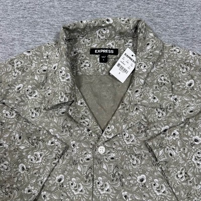 Express Shirt Mens Small Floral Viscose Button Up Short Sleeve Loop Collar NEW