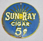Vintage Sun-Ray Cigar 5¢ Vintage porcelain sign 6"
