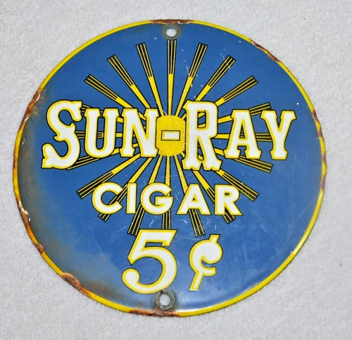 Vintage Sun-Ray Cigar 5¢ Vintage porcelain sign 6"