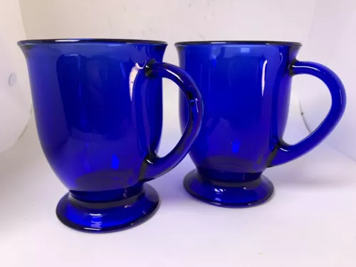 2 Vintage Anchor Hocking Cobalt Blue Glass 5" Footed 12 oz Coffee Mug USA