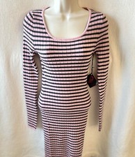 Womens Pink & Charcoal Striped Ribbed Scoop Neck with Long-Sleeved Sweater Dress