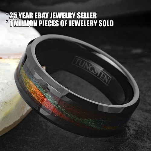8mm Black Tungsten Carbide Green & Red Flowing Sand Wedding Band Ring - Picture 2 of 9