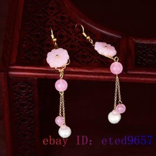 Pink Jade Flower Earrings Chalcedony 925 Silver Charm Zircon Jewelry Natural
