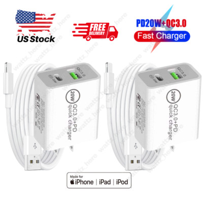 20W Fast Charger QC PD Power Adapter Cube USB Cord For iPhone 14 13 12 11 8 Lot
