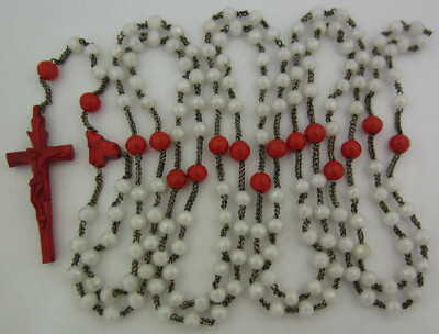 RARE 15 DECADE ROSARY CARVED HEART CENTER & CRUCIFIX & OPALINE GLASS BEADS 45''