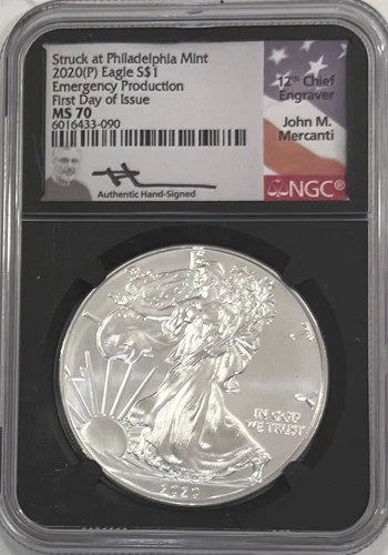 2020 (P) Silver Eagle $1 EMERGENCY PRODUCTION  NGC MS70 FDOI Mercanti  🇺🇸