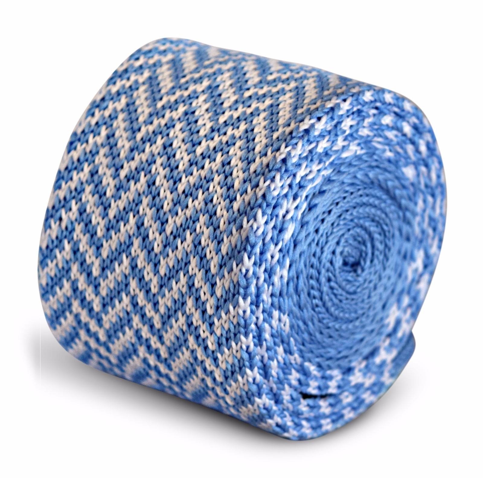 Frederick Thomas Knitted Silk Mens Tie - Light Baby Blue and White - Herringbone